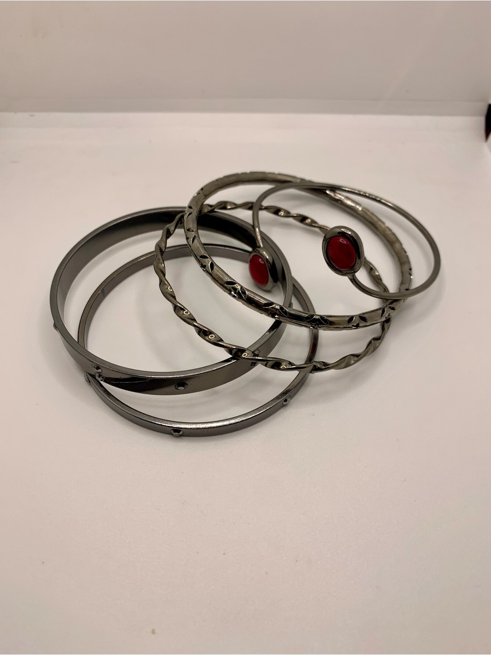 Gunmetal Tone Women's Bangle Set with Red Accent Stone